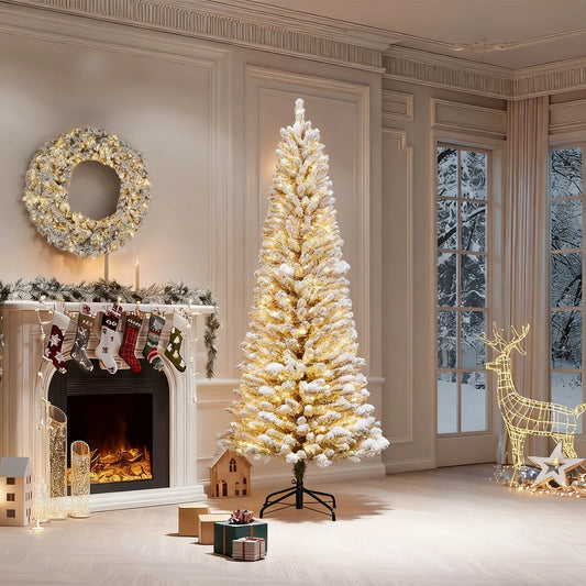 6FT/7.5FT/9FT Pre-lit Pencil Christmas Tree Artificial Xmas Tree With Light Easy Assembly Holiday Decoration Home Winter Display