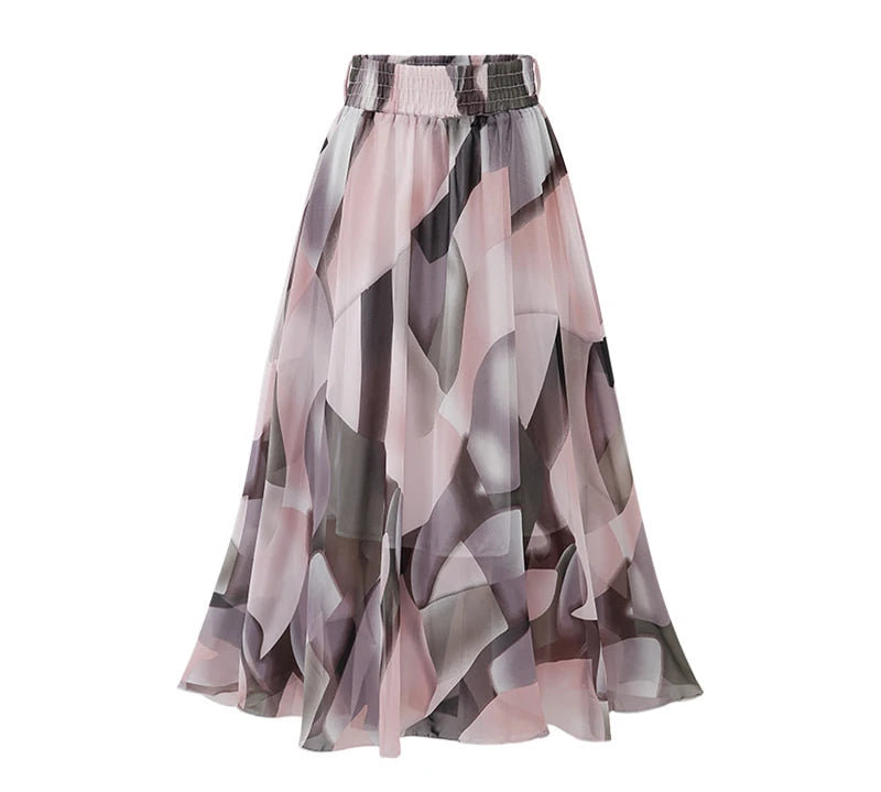 ISUREYOUNG Women Floral Summer Skirt Chiffon A Line Midi