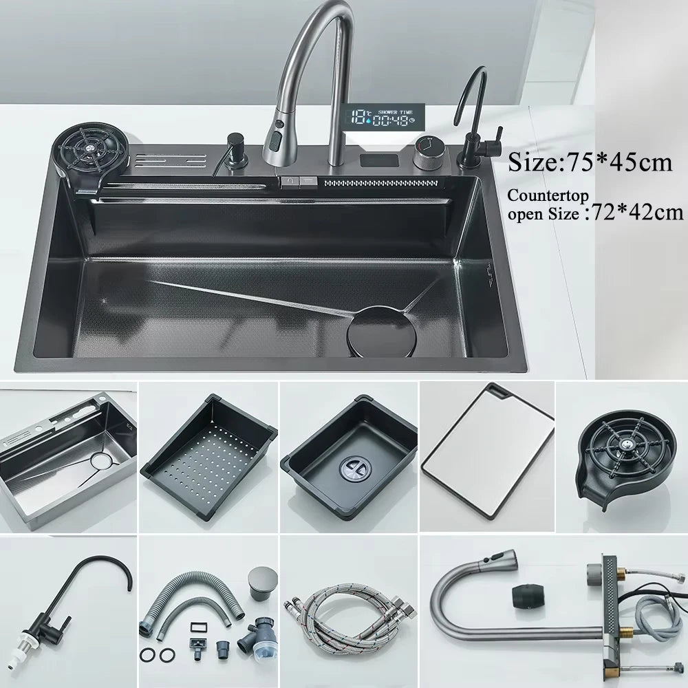 MYQualife 304 Stainless Steel Waterfall Kitchen Faucet Set With Digital Display