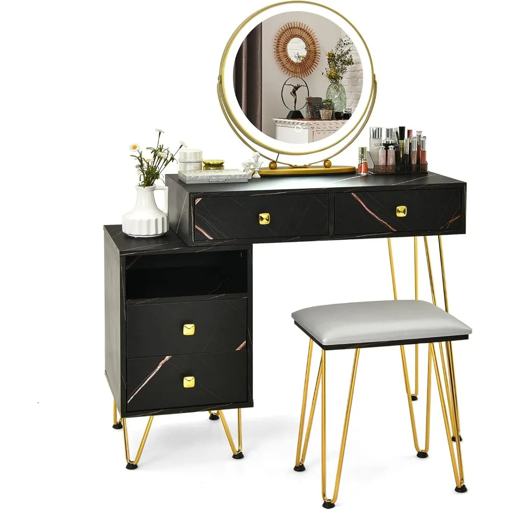 Color Vanity Desk With Lighted Mirror Reversible Side Cabinet