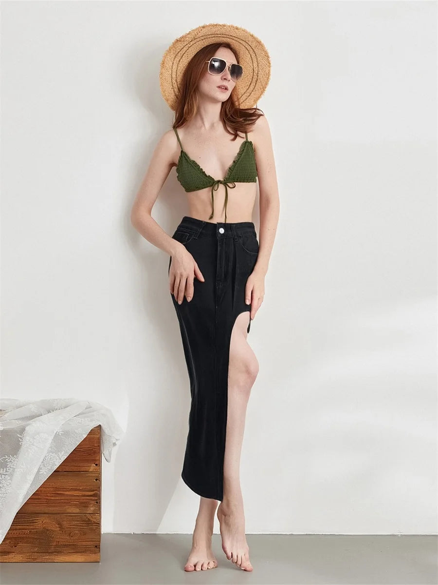 Hirigin Women's Distressed Denim Skirt With Frayed Hem