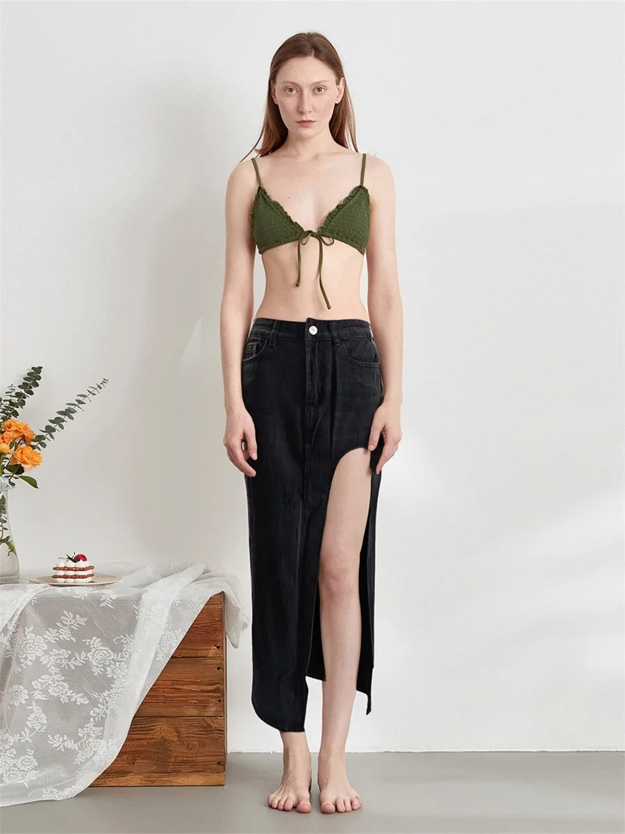 Hirigin Women's Distressed Denim Skirt With Frayed Hem