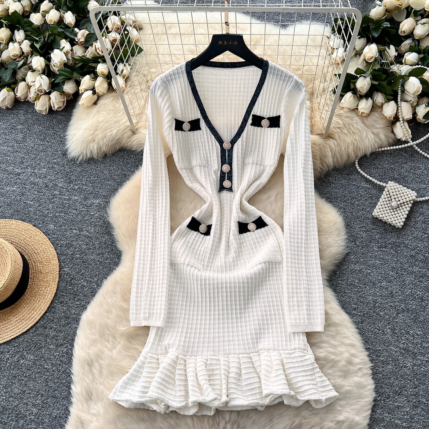 SR.Singreiny Chic V Neck Button Knit Dress For Women