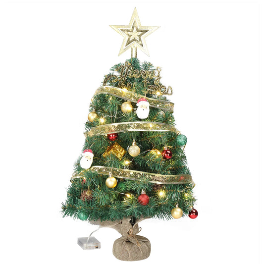 20 in Pre-lit Artificial Mini Christmas Tree, Tabletop Small Xmas Pine Tree with Ornaments and 30 Warm Lights Battery Operated f