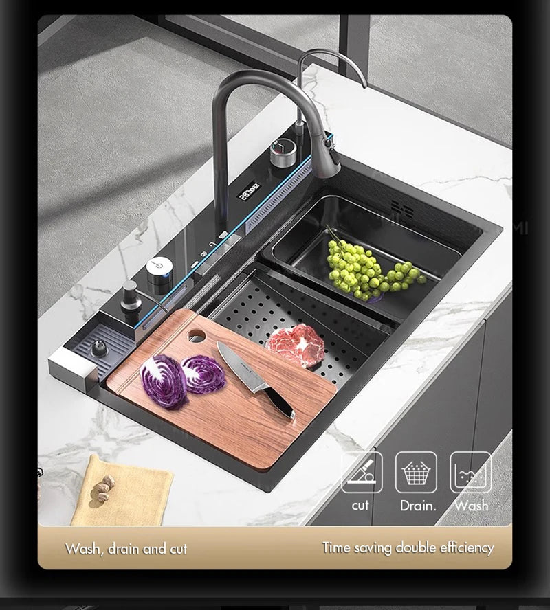 MYQualife 304 Stainless Waterfall Kitchen Sink Faucet With Digital Display