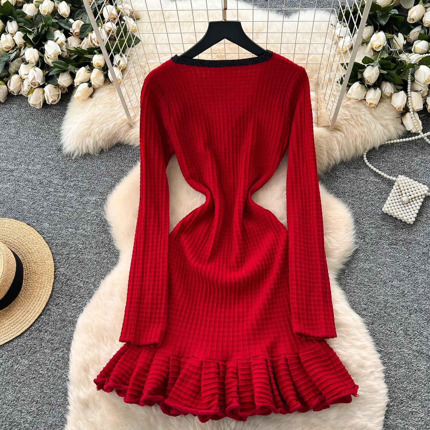 SR.Singreiny Chic V Neck Button Knit Dress For Women