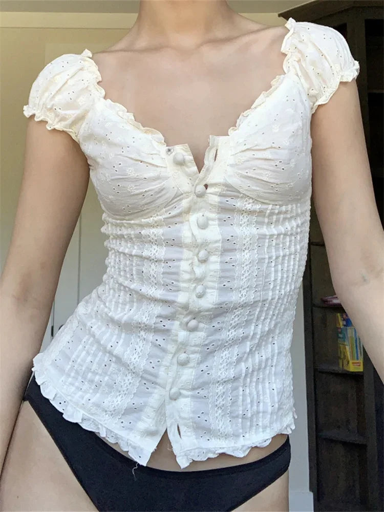 Women Blouse Short Sleeve Square Neck Button Down Top Summer