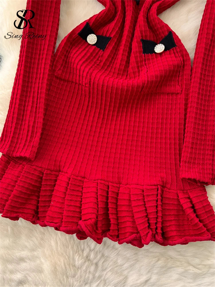 SR.Singreiny Chic V Neck Button Knit Dress For Women