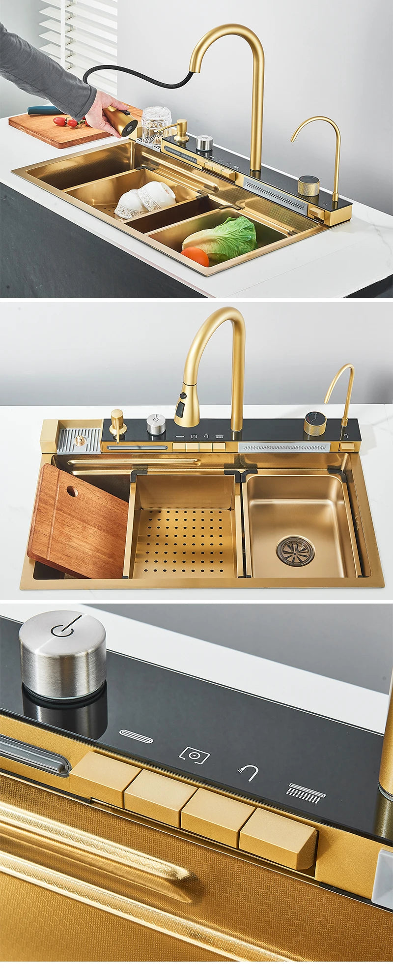 304 Stainless Steel Kitchen Sink with Digital Display Waterfall Faucet, Multifunctional 75*45cm Large Single Slot Whale Sink