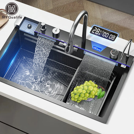 MYQualife 304 Stainless Steel Waterfall Kitchen Faucet Set With Digital Display