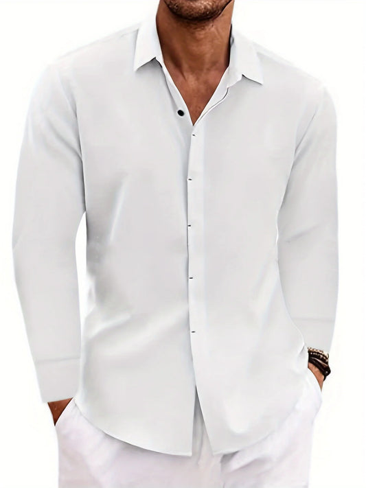 Men's Linen Long Sleeved Solid Color Cotton Blend Shirt
