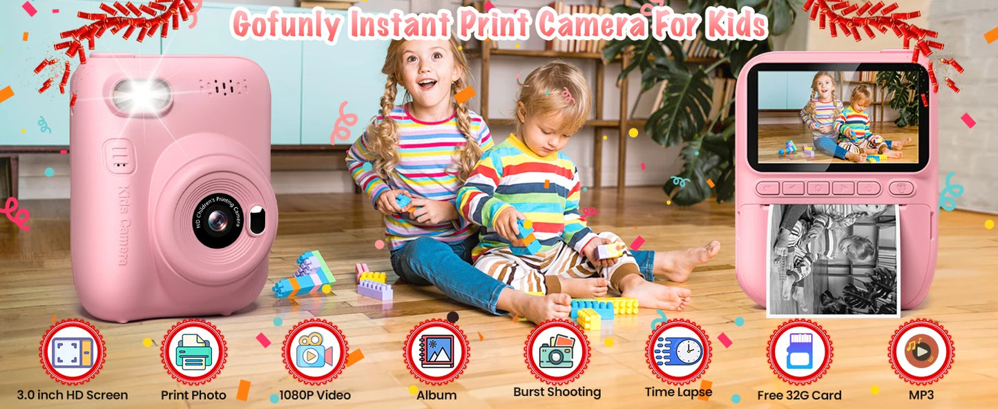 DIAMOOKYCN Kids Instant Print Camera 32MP 1080P Portable