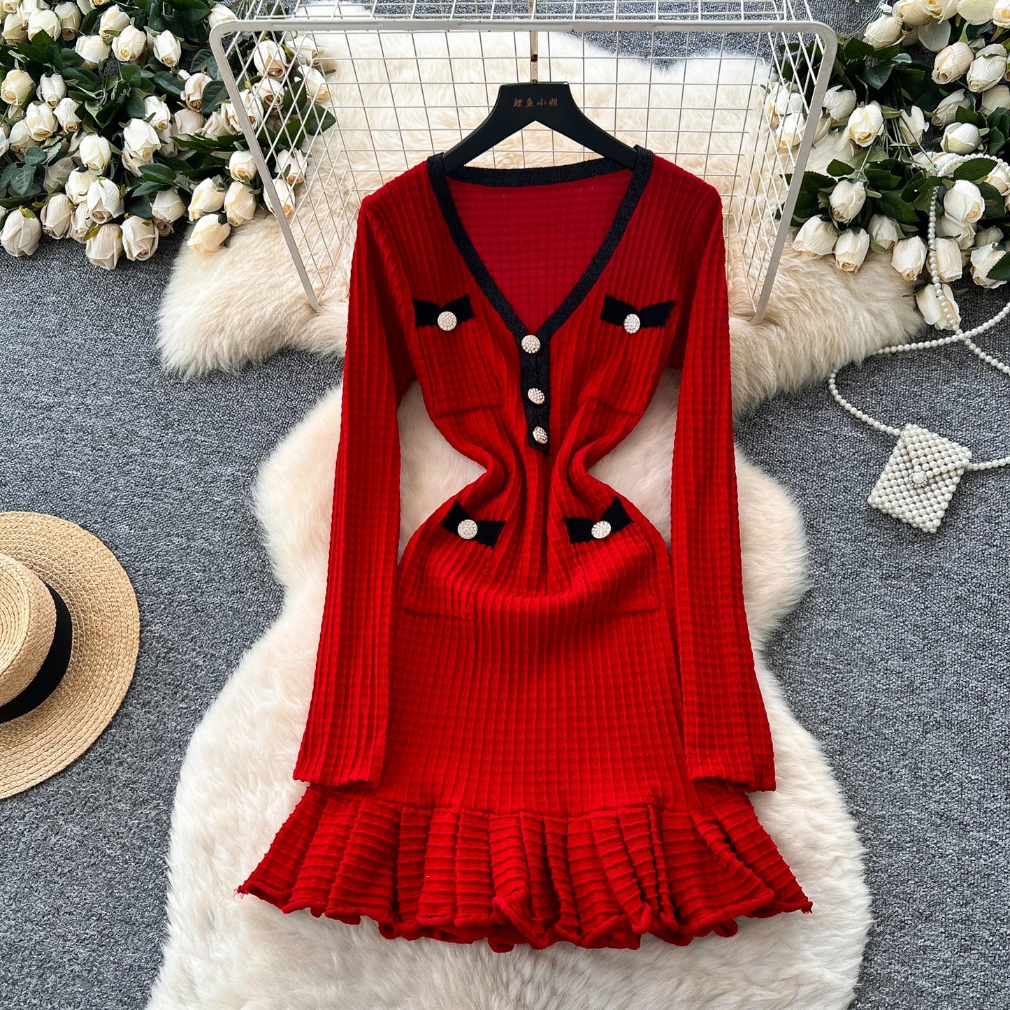 SR.Singreiny Chic V Neck Button Knit Dress For Women