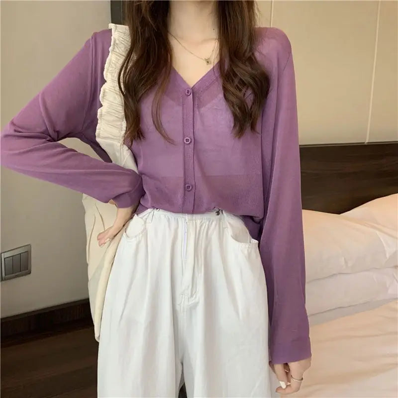 Women Clothing Casual Loose All-match Solid Sunscreen Shirt Summer Fashion Thin Long Sleeve Shawl Blouses Matching Skirt Top