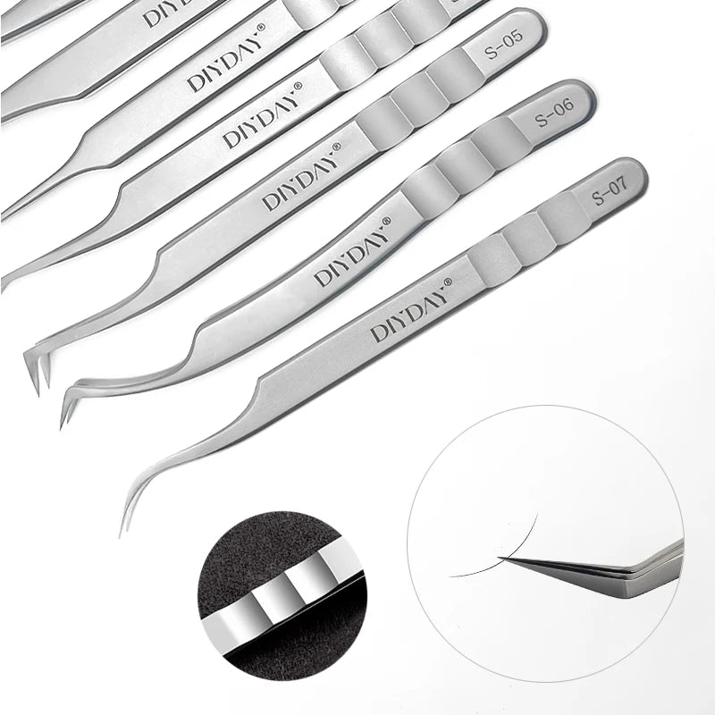 DIYDAY Anti-slip Eyelash Tweezers Stainless Steel Eyebrow Precision Tweezers Fiber Tip Volume Isolation Lashes Extension Tweezer