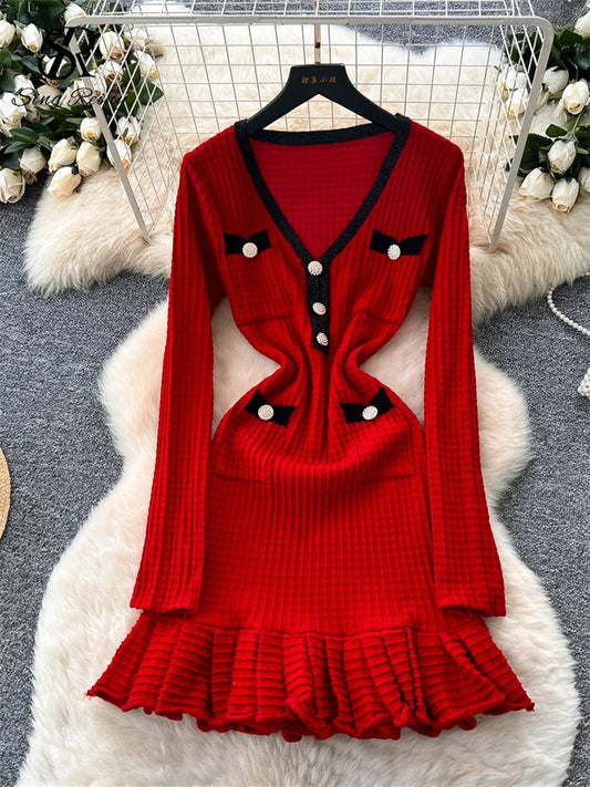 SR.Singreiny Chic V Neck Button Knit Dress For Women