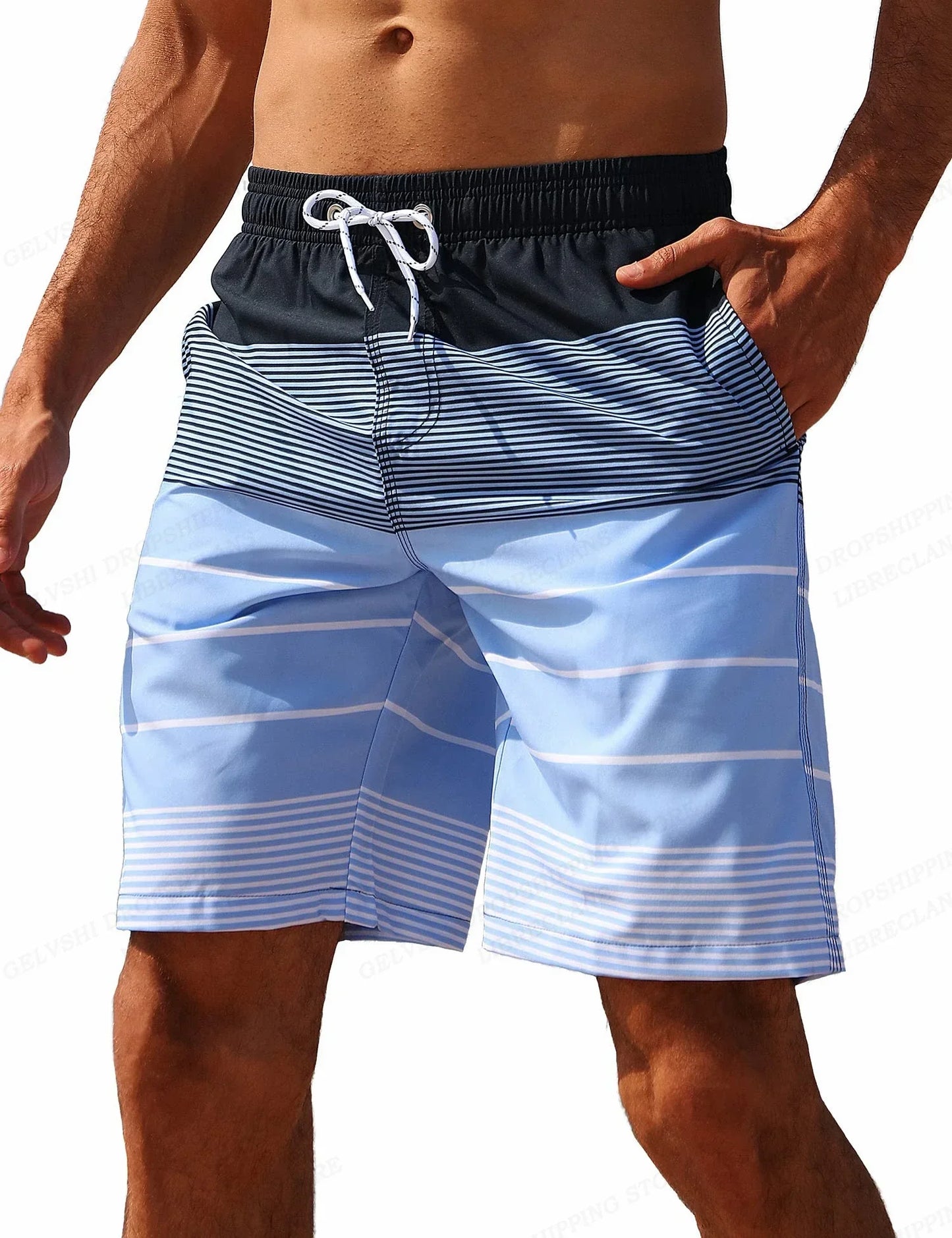 Striped Beach Shorts Men Board Shorts Swimwear Trunks