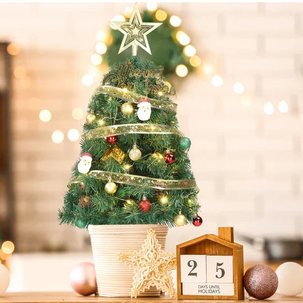 20 in Pre-lit Artificial Mini Christmas Tree, Tabletop Small Xmas Pine Tree with Ornaments and 30 Warm Lights Battery Operated f