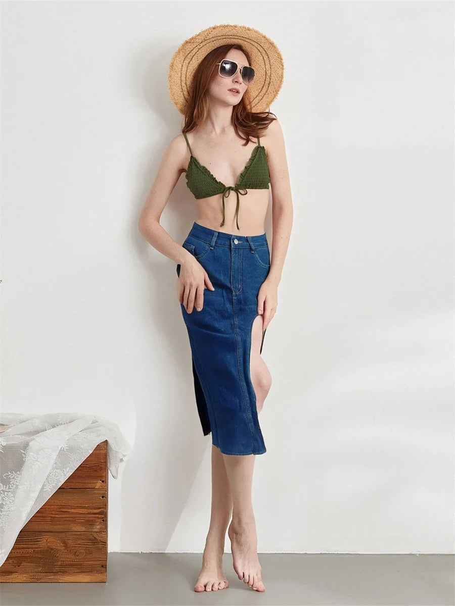 Hirigin Women's Distressed Denim Skirt With Frayed Hem