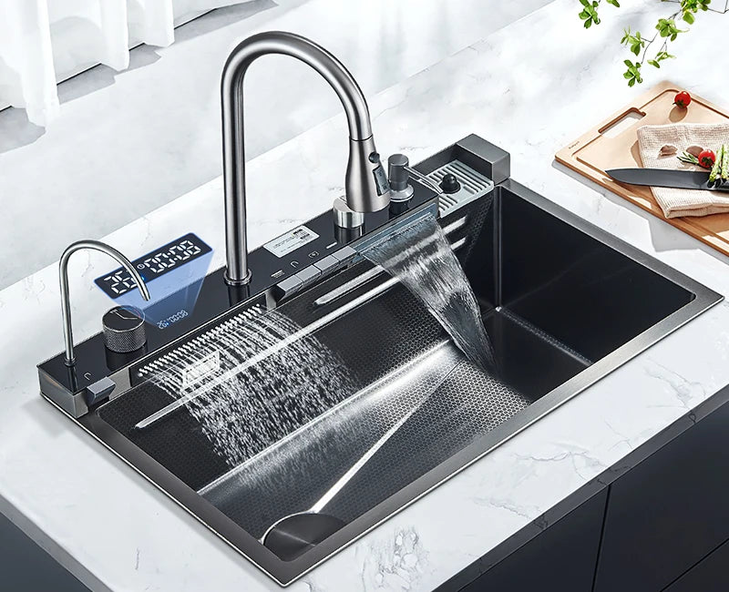 304 Stainless Steel Kitchen Sink with Digital Display Waterfall Faucet, Multifunctional 75*45cm Large Single Slot Whale Sink