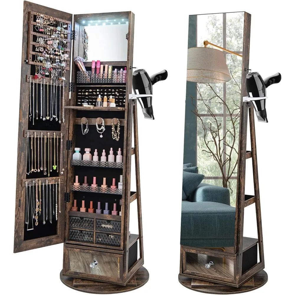 360 Degree Swivel Jewelry Cabinet Armoire With Mirror