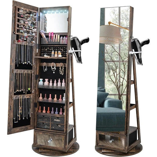 360 Degree Swivel Jewelry Cabinet Armoire With Mirror
