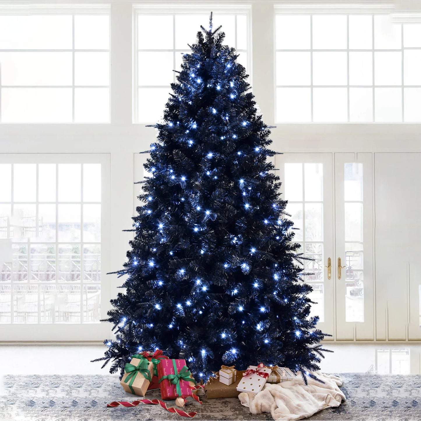 5FT PE+PVC Mixed Black Artificial Christmas Tree with LED White Light Metal Stand Premium Xmas Tree Holiday Xmas Ornaments Decor