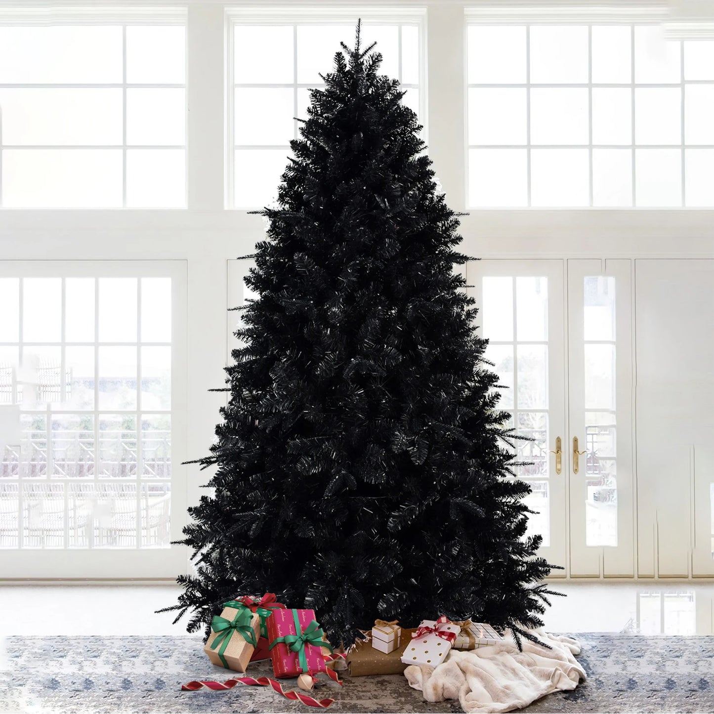 5FT PE+PVC Mixed Black Artificial Christmas Tree with LED White Light Metal Stand Premium Xmas Tree Holiday Xmas Ornaments Decor
