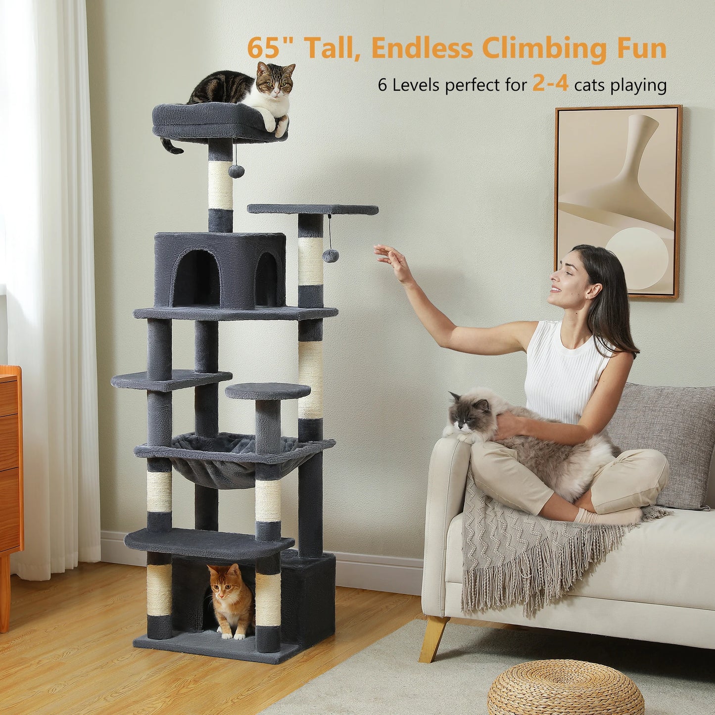 Large Cat Tree and Tower for Indoor Cats With Sisal-Covered Scratching Posts Spacious Hammock Padded Perches and Condos Cat Toys