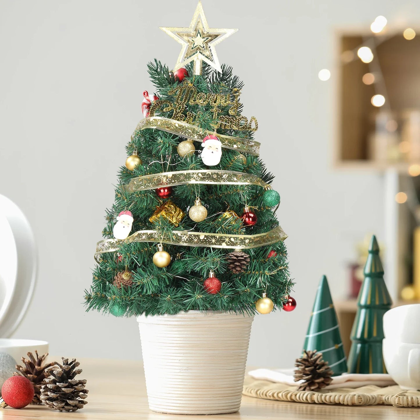 20 in Pre-lit Artificial Mini Christmas Tree, Tabletop Small Xmas Pine Tree with Ornaments and 30 Warm Lights Battery Operated f