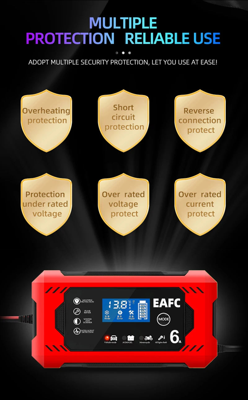 EAFCH Car Battery Charger 12V 6A Intelligent Fast Charging Dual Mode