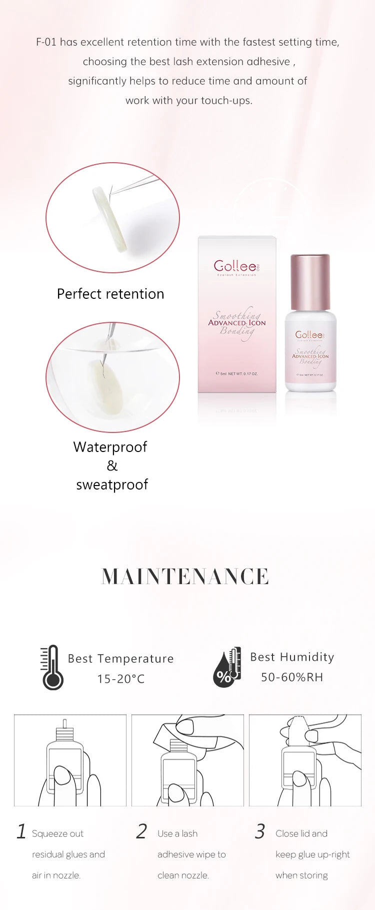 Pink Adhesive Gollee Eyelash Extension Glue 5ml Lashes Adhesive For Volume lashes Individual lashes Wholesale Price Own logo