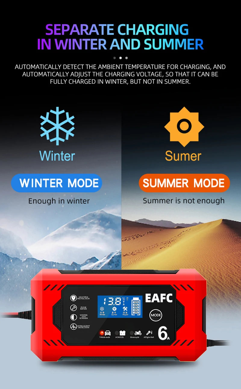 EAFCH Lead Acid Car Battery Charger 12V 6A Fast Charging