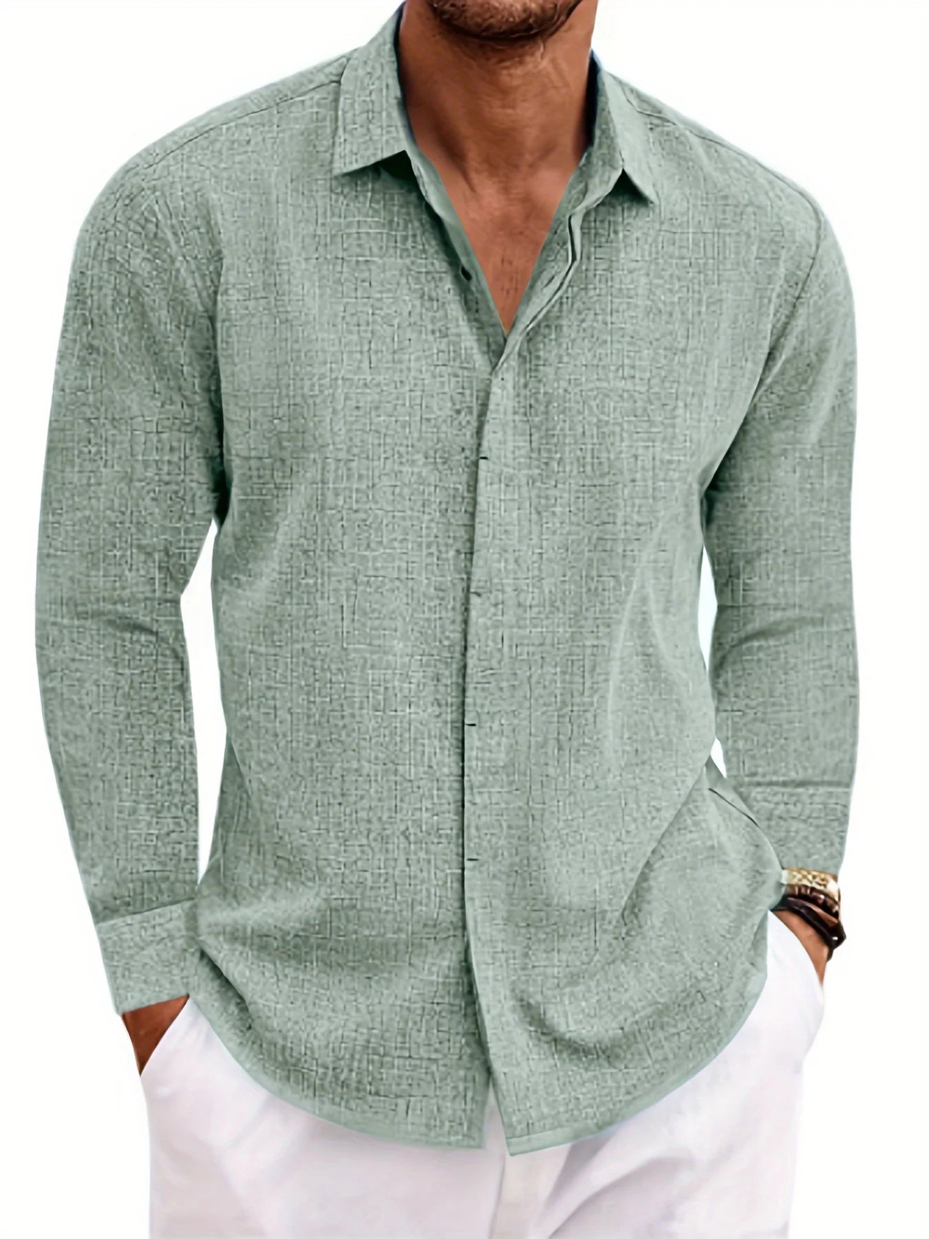 Men's Linen Long Sleeved Solid Color Cotton Blend Shirt