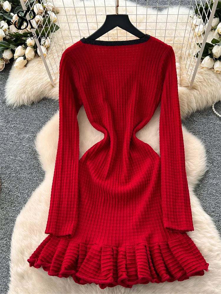 SR.Singreiny Chic V Neck Button Knit Dress For Women