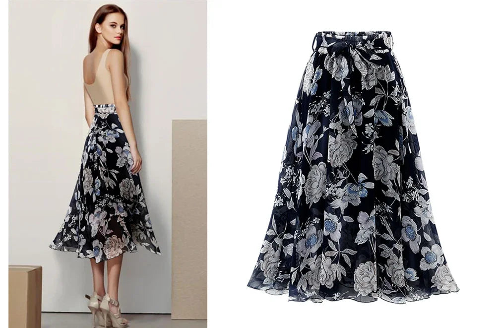 ISUREYOUNG Women Floral Summer Skirt Chiffon A Line Midi