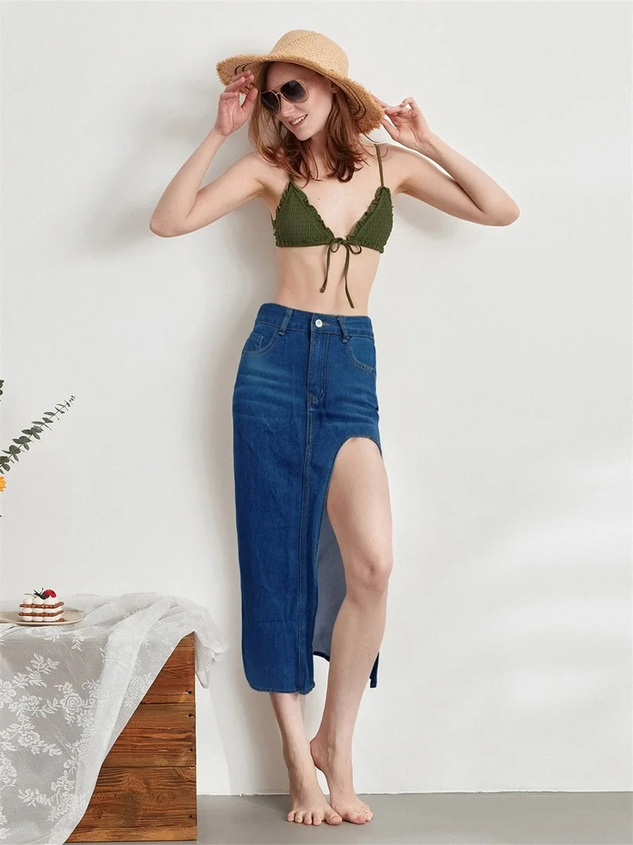 Hirigin Women's Distressed Denim Skirt With Frayed Hem