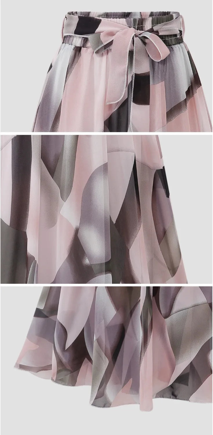 ISUREYOUNG Women Floral Summer Skirt Chiffon A Line Midi