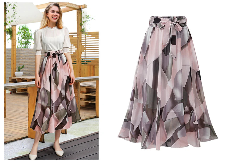 ISUREYOUNG Women Floral Summer Skirt Chiffon A Line Midi
