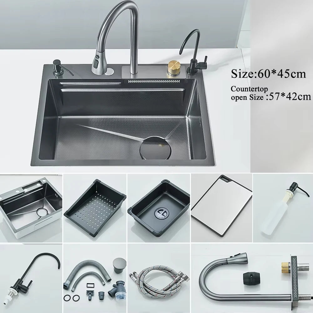MYQualife 304 Stainless Steel Waterfall Kitchen Faucet Set With Digital Display