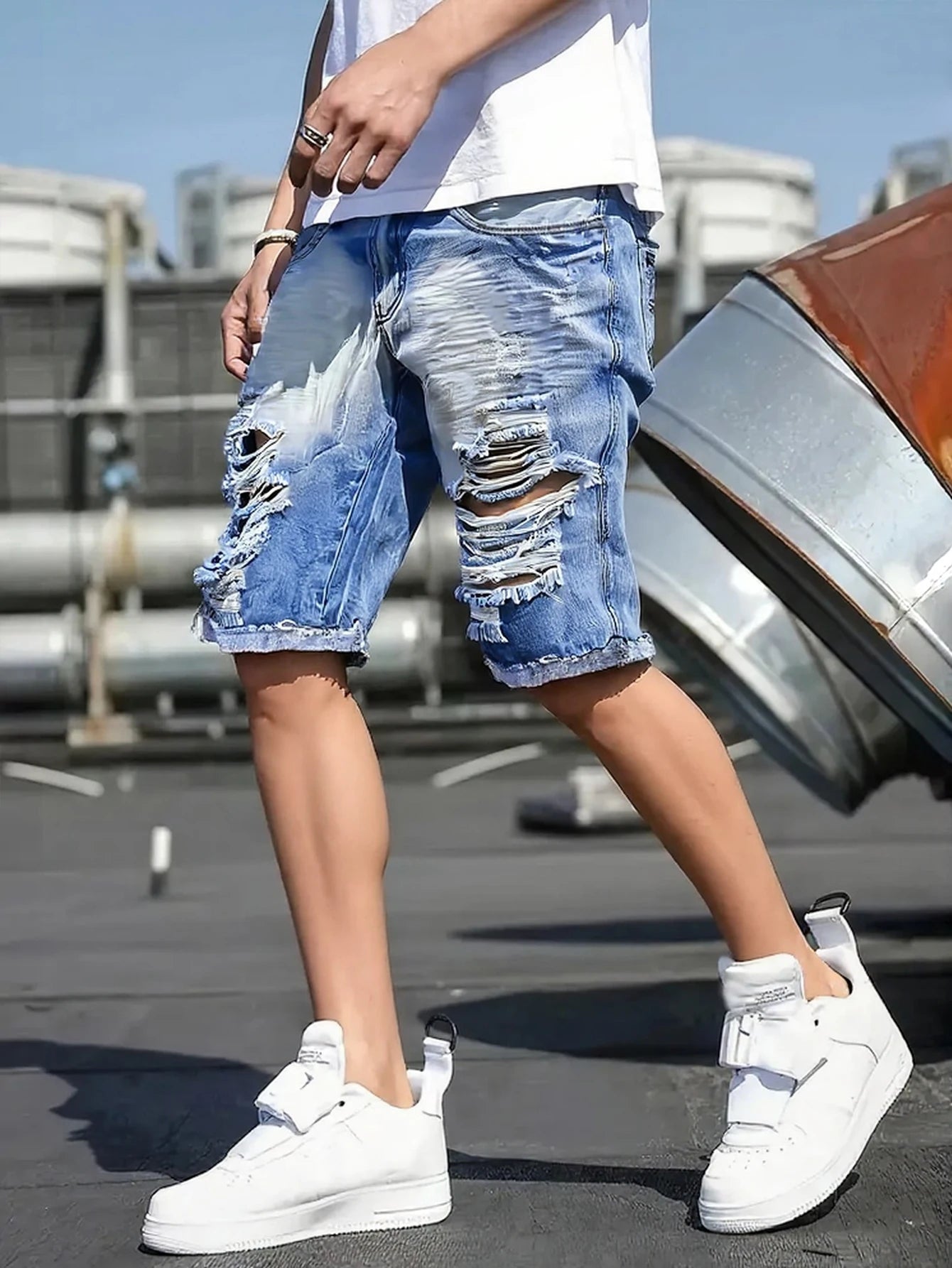 Mens Light Blue Distressed Denim Shorts Frayed Edges Street