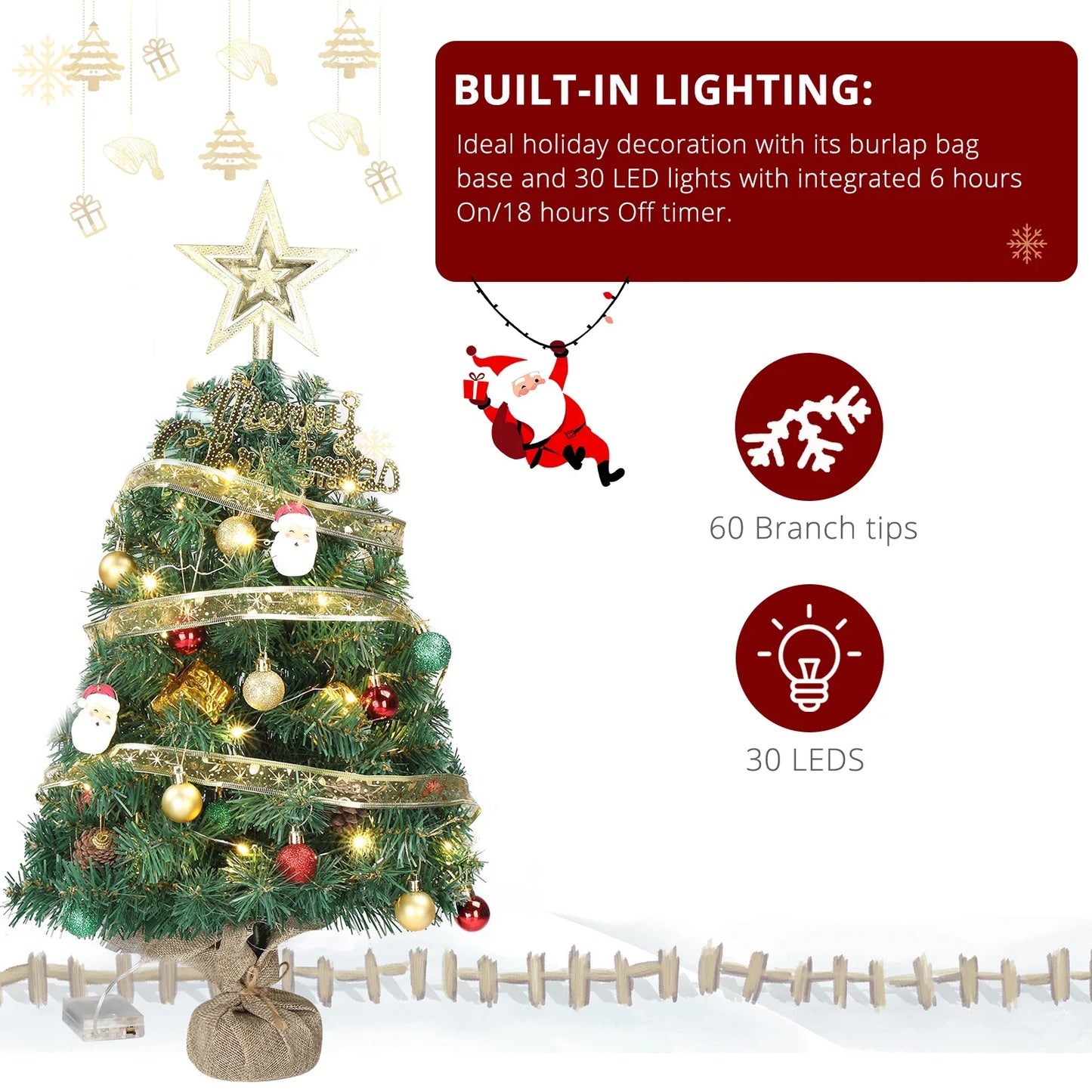 20 in Pre-lit Artificial Mini Christmas Tree, Tabletop Small Xmas Pine Tree with Ornaments and 30 Warm Lights Battery Operated f
