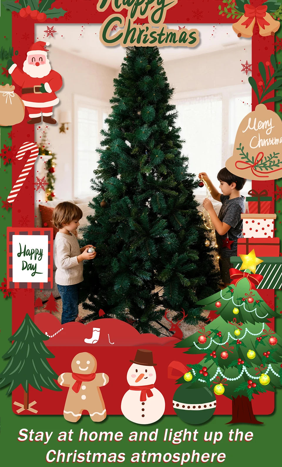 Pre-Lit Pop Up Artificial Christmas Tree 6ft 7ft 8ft Easy Setup PVC Pine Needle Mixed Xmas Tree with Metal Base