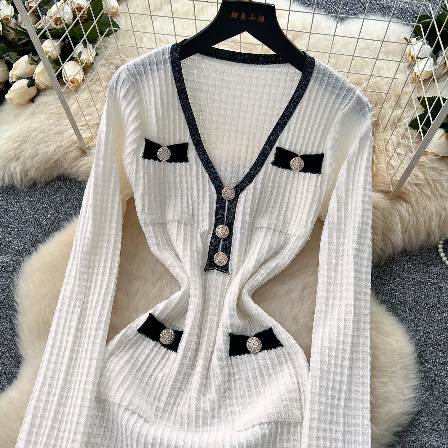 SR.Singreiny Chic V Neck Button Knit Dress For Women