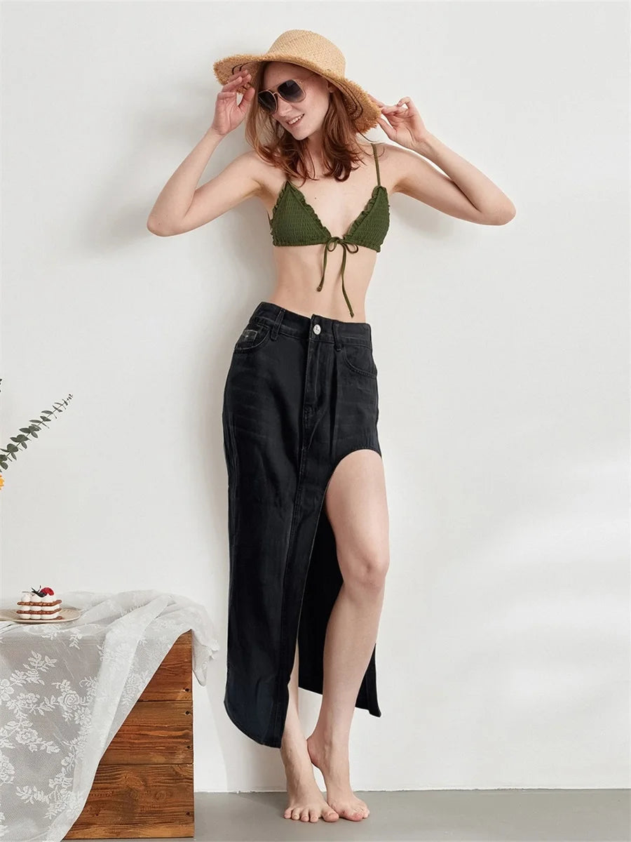 Hirigin Women's Distressed Denim Skirt With Frayed Hem