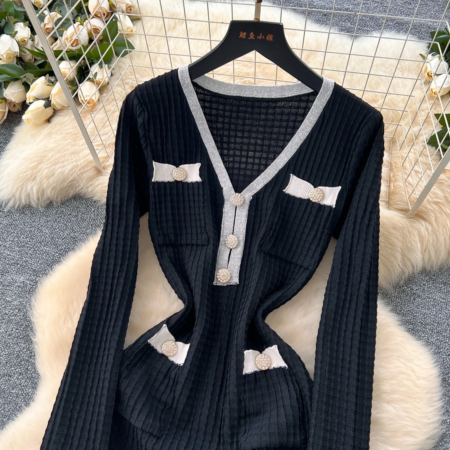 SR.Singreiny Chic V Neck Button Knit Dress For Women