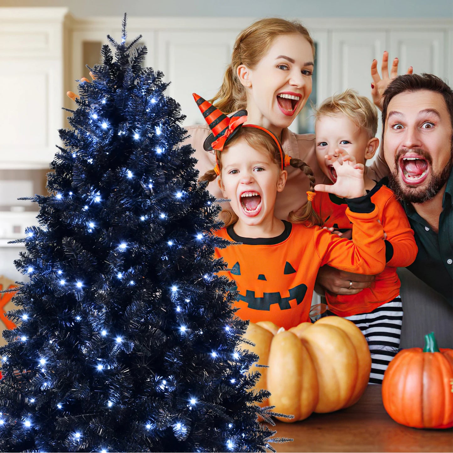 5FT PE+PVC Mixed Black Artificial Christmas Tree with LED White Light Metal Stand Premium Xmas Tree Holiday Xmas Ornaments Decor