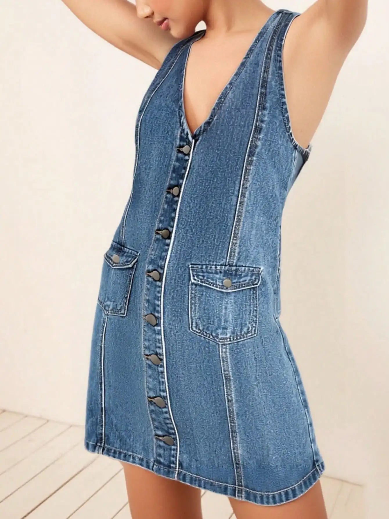 Denim Camisole Dress With Pockets And Button Closure