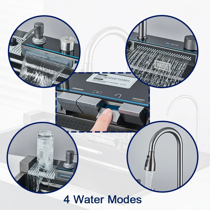 304 Stainless Steel Kitchen Sink with Digital Display Waterfall Faucet, Multifunctional 75*45cm Large Single Slot Whale Sink