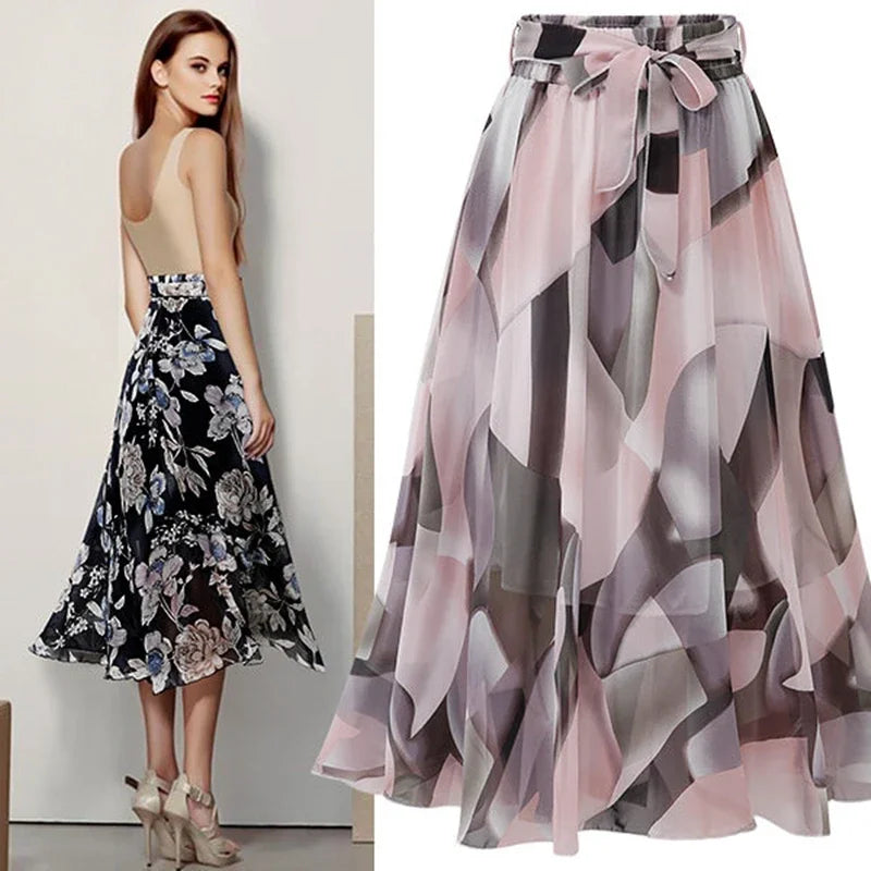 ISUREYOUNG Women Floral Summer Skirt Chiffon A Line Midi